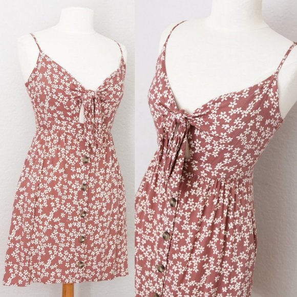 Mimi Chica Mauve Cream Floral Bow Tie Front Cutout Button Front Mini Dress M - Picture 1 of 9